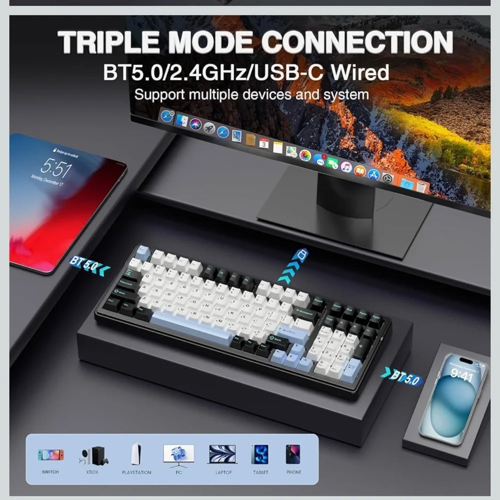 Sleek Black and White Mechanical Keyboard with Blue Accents